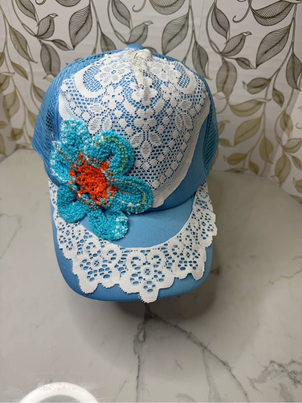 Heirloom Bloom Blue Lace Trucker Hat with Crocheted Flower